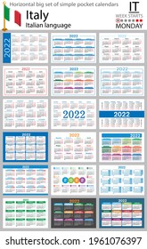 Italian horizontal Big set of pocket calendars for 2022 (two thousand twenty two). Week starts Monday. New year. Color simple design. Vector