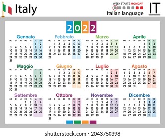 Italian horizontal pocket calendar for 2022 (two thousand twenty two). Week starts Monday. New year. Color simple design. Vector