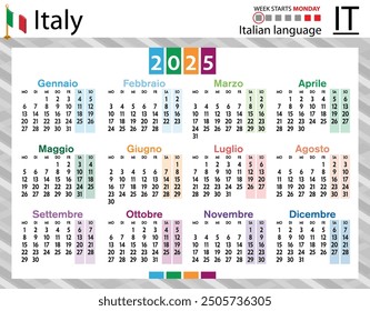 Calendario Horizontal italiano de bolsillo para 2025 (dos mil veinticinco). La semana comienza el lunes. Nuevo año. Diseño simple del color. Vector