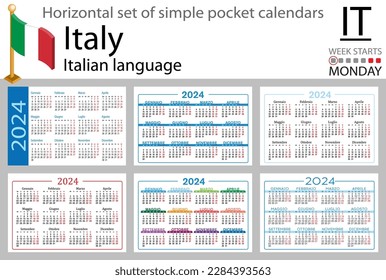 Italian horizontal set of pocket calendar for 2024 (two thousand twenty four). Week starts Monday. New year. Color simple design. Vector