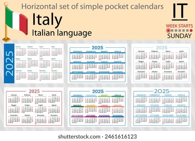 Italian horizontal set of pocket calendar for 2025 (two thousand twenty five). Week starts Sunday. New year. Color simple design. Vector