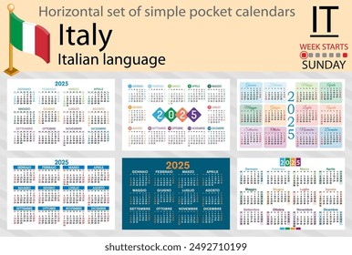 Conjunto Horizontal italiano de calendario de bolsillo para 2025 (dos mil veinticinco). La semana empieza el domingo. Nuevo año. Diseño de color simple. Vector