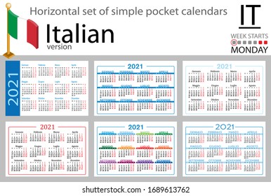 Italian horizontal set of pocket calendars for 2020 (two thousand twenty one). Week starts Monday. New year. Color simple design. Vector