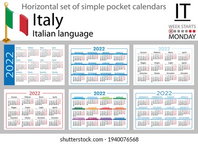 Italian horizontal set of pocket calendars for 2022 (two thousand twenty two). Week starts Monday. New year. Color simple design. Vector