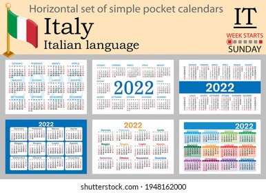 Italian horizontal set of pocket calendars for 2022 (two thousand twenty two). Week starts Sunday. New year. Color simple design. Vector