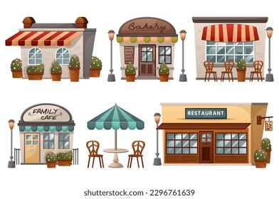 Italian houses and courtyards set. This is a flat, cartoon-style design featuring a set of Italian houses and a restaurant. Vector illustration.