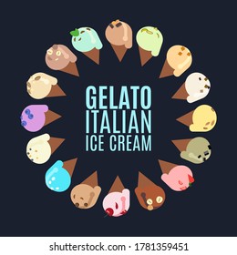 Italian ice cream logo. Cartoon flat vector illustration for gelateria sign, restaurant and cafe menu or banners.