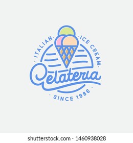 Italian ice cream logo. Gelateria emblem and sign. A waffle cone and some scoops of ice cream with letters on a circle.