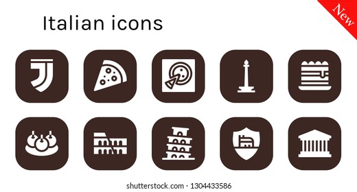 italian icon set. 10 filled italian icons.  Collection Of - Juventus, Pizza, Monas, Tiramisu, Bitterballen, Colosseum, Pisa, Roma, Pantheon