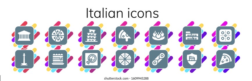 italian icon set. 14 filled italian icons. Included Pantheon, Monas, Pizza, Tiramisu, Pisa, Bitterballen, Cannoli, Colosseum, Roma icons