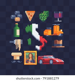 Italian icons. 80s pixel art style. Cuisine of Italy. Olive oil, pizza and spaghetti. Boot with Italian flag colors. Stickers design. 8-bit sprites. Isolated vector illustration.