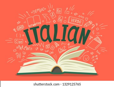 Italian. Il, lo, la, ciao, verbo, uno, chi, io, tu, lui, lei, parlare, tempo". Translate:" The, hello, verb, one, who, me, you, him, she, talking, time". Open book with language hand drawn doodles. 