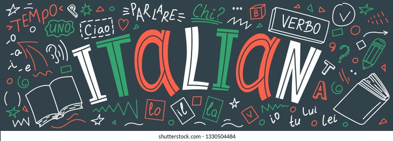 Italian. Il, lo, la, ciao, verbo, uno, chi?, io, tu, lui, lei, parlare, tempo". Translate:"Italian. The, hello, verb, one, who?, me, you, him, she, talking, time". Hand drawn doodles and lettering