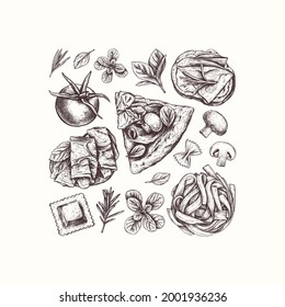 Italian ingredients. Tasty basil, tomato, Pasta tagliatelle, mushroom, bruschetta, prosciutto, rosemary, ravioli, pizza slice linear elements. Engraved illustration. 