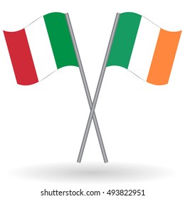 Italian and Irish crossed flags. Italy combined with Ireland isolated on white. Language learning, international business or travel concept.