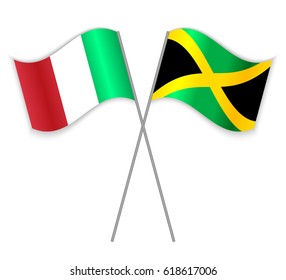 Italian and Jamaican crossed flags. Italy combined with Jamaica isolated on white. Language learning, international business or travel concept.