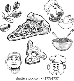 Italian kitchen sketchy doodle. Restaurant funny faces.  Good for menu design. Ideal for both print and web elements. Slice of pizza. Slice of cheese.