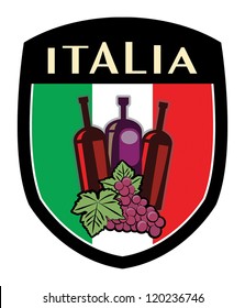 Italian Label Flag With Grapes And Wine Bottles, Vector Illustration