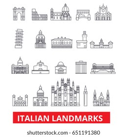 Italian landmakrs, italian, italian landscape, piza tower, cathedral, colosseum line icons. Editable strokes. Flat design vector illustration symbol concept. Linear signs isolated on white background