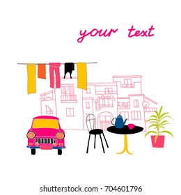 Italian landmarks, food, car, buildings vector icons. Travel to Italy concept background.
