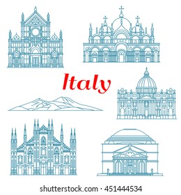 Italian landmarks as Mount Vesuvius and Pantheon, Milan Cathedral, Cathedral Basilica of Saint Mark, Basilica of the Holy Cross and St. Peter's Basilica. Building icons in thin line style