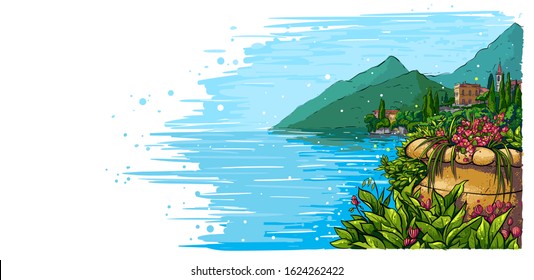 Italian landscape background with villas and cypresses. Como lake romantic sketch illustration.