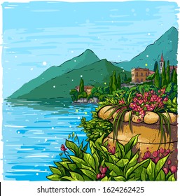 Italian landscape background with villas and cypresses. Como lake romantic sketch illustration. svg