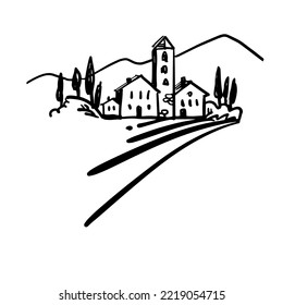 Italian Landscape. A Hand-drawn Sketch In A Minimalist Style. Vector Doodle Illustration