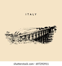 Italian landscape with roman aqueduct. Vector hand sketched illustration of Italy sights. European touristic symbol.