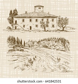 Italian landscape, romantic house. Hand drawn illustration.