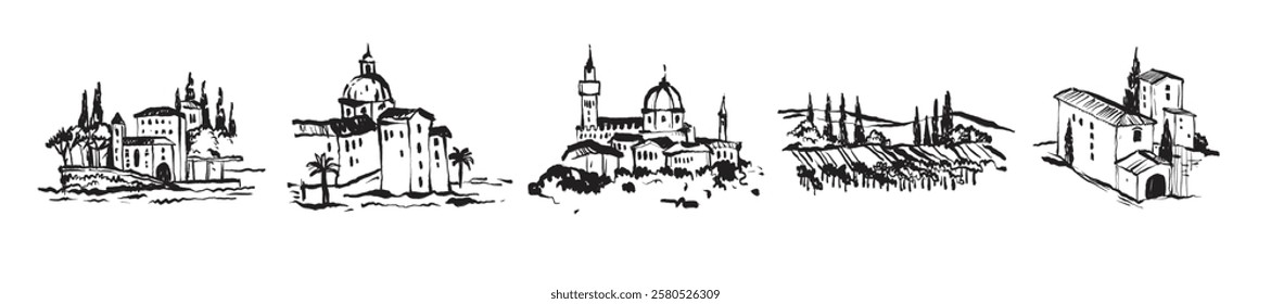 Italian landscape set, vector hand drawn doodle Tuscany nature view, old winery countryside print. Vintage European architecture graphic, cypress hill travel label. Italian landscape sketch collection