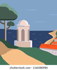 Italian landscape summer.Mediterranean summer landscape with sea and buildings.Sea tour. Flat vector.Poster with beach town.Seaside coast.