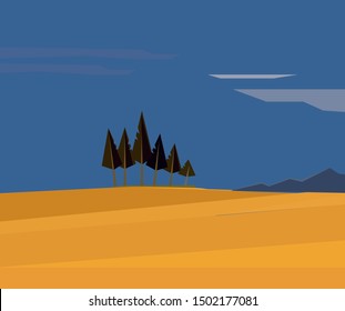 Italian landscape. yellow wheat field, cypresses, mountains, blue sky