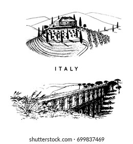 Italian landscapes set with roman aqueduct and Tuscany villa. Vector hand sketched illustration of Italy sights. European touristic symbols. svg