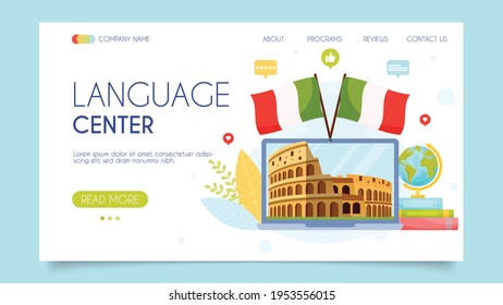 Italian language center. Online school. Landing page concept. Flat design, vector illustration. 