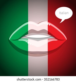 Italian language concept. Glamour lips with make-up of the Italian flag, woman face. Flat design, vector illustration.