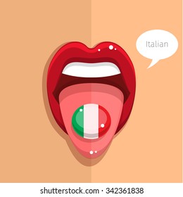 Italian language concept. Italian language tongue open mouth with Italian flag, woman face. Flat design, vector illustration.
