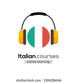 Italian language learning logo icon with headphones. Creative italian class fluent concept speak test and grammar.