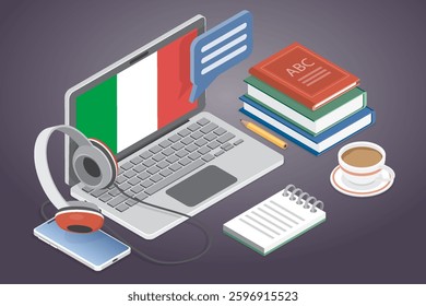 Italian language lessons. Online language courses concept. Internet class, e learning, distance education, remote school, university. 3d flat isometric vector illustration.