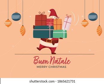 El Idioma Italiano Es Feliz Navidad Con Santa Claus Con Muchas Casillas De Regalo Y Baudibles Colgados Decorados En Fondo De Engranaje.