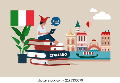 Italian language online course. Distance education. Italian dictionary. Online education. Tutor. Dictionary. Vector illustration. 