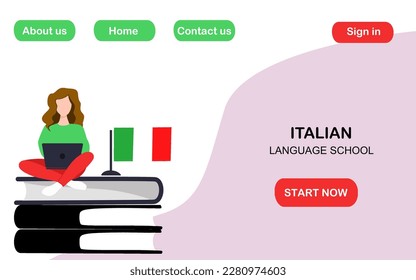 Italian language online course. Landing page for website. Distance education. Italian language school. Online education. Tutor. Dictionary. Vector illustration. 