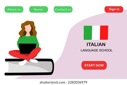 Italian language online course. Landing page for website. Distance education. Italian language school. Online education. Tutor. Dictionary. Vector illustration. 