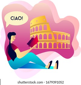 Italian language. Speakeasy language school. Work and travel in Italy. Illustration for online school banner. About Europian tourism and abroad education.