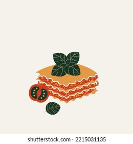 Italian lasagna. Basil and tomato. Food textured composition. Vector illustration.