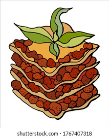 Italian lasagna dish. Cartoon style. White background, isolate. Stock illustration.