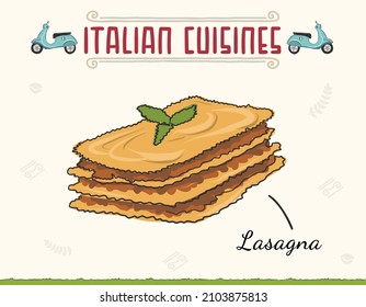 Italian Lasagna Dish Served and Basil On Top. Colored doodled style Italian cuisine, Lasagna dish. Minimal colored isolated vector illustration.