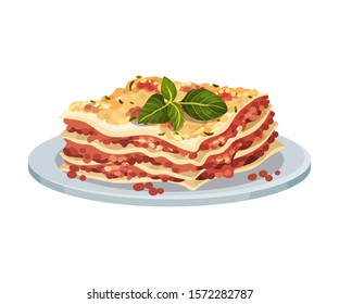 Italian Lasagna Dish Served On Plate With Sauce and Basil On Top Vector Illustration