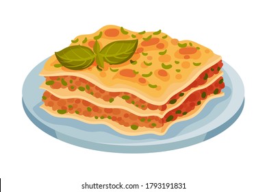 Italian Lasagna Dish with Stacked Pasta Layers with Meat and Tomato Filling Vector Illustration