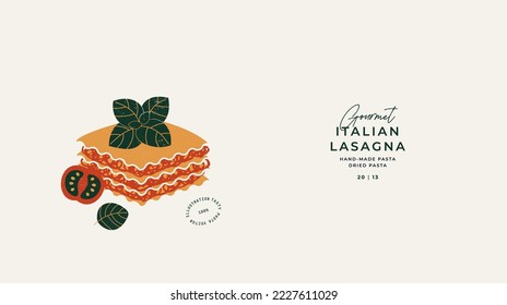 Italian lasagna horizontal background. Basil and tomato. Food textured composition. Vector illustration.